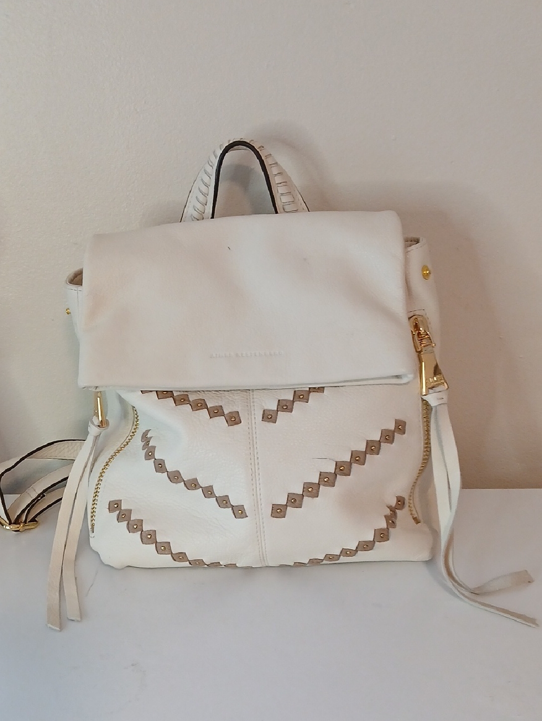 Aimee Kestenberg White Fold-Over Backpack With Gold Stud Accents